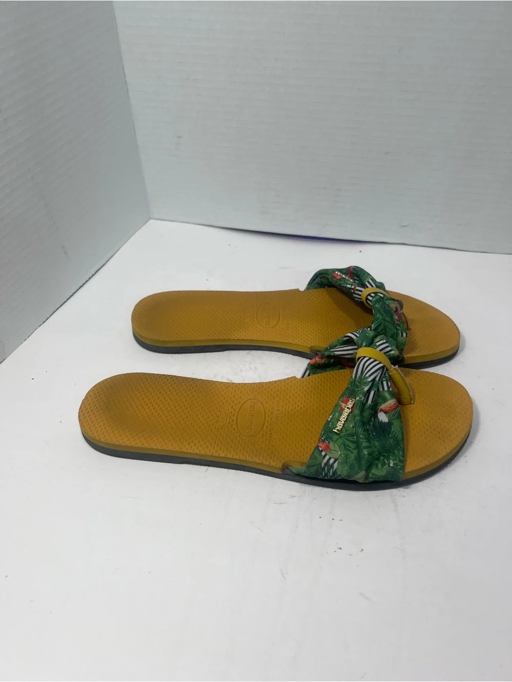 Havaianas Green Floral Knot Slide Sandals with Mustard Footbed